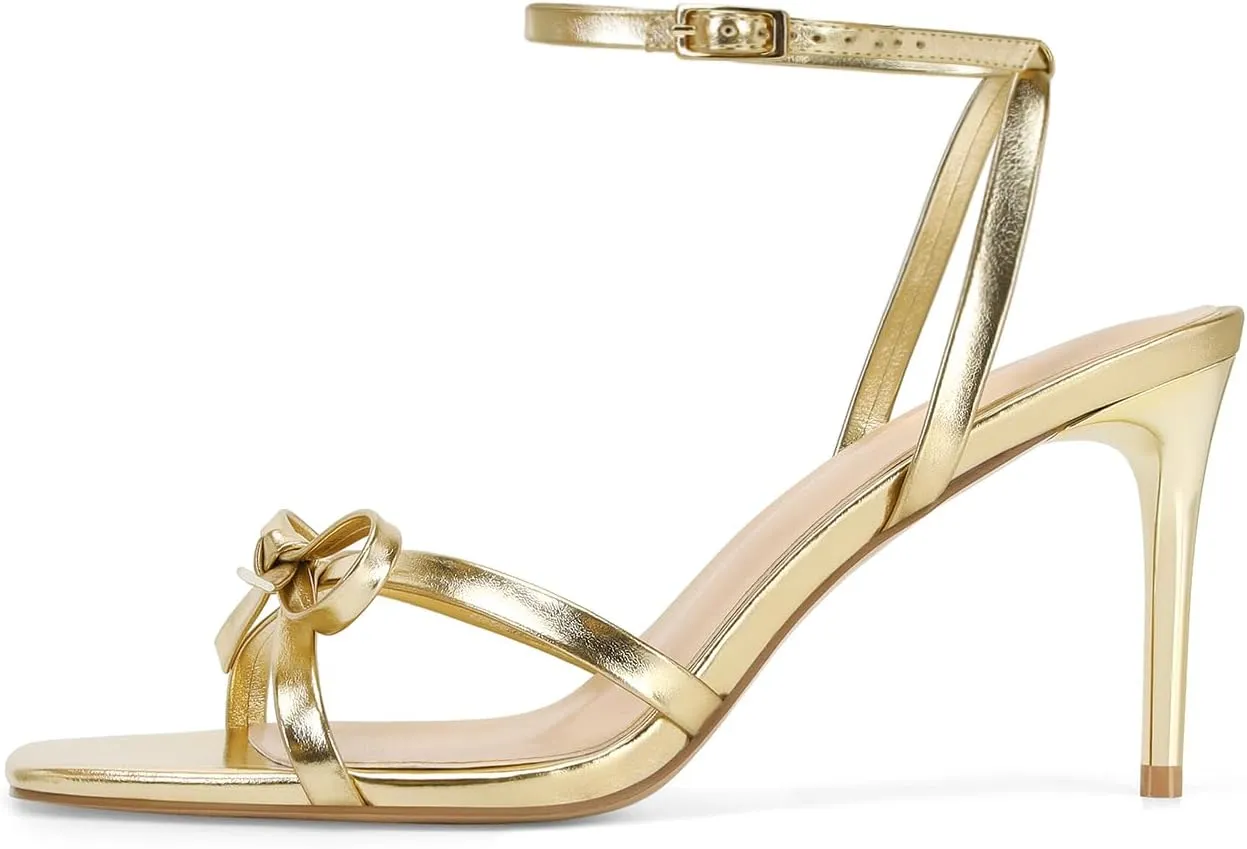 Dsevht Gold Bow Heels for Women Sexy Stiletto Strappy Heeled Sandals Square Open Toe Bow Knot Metallic Slingback Heels Dress Shoes