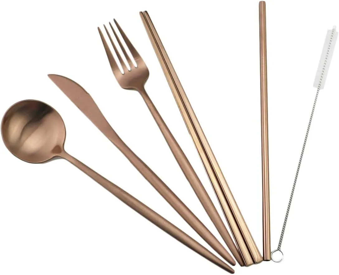 Eco-friendly Matte Finish Flatware Sets 7 Pieces Cutlery Set Knife Fork Spoon 18/10 Stainless Steel Rose Gold Portable Travel Utensil Set for Travel/Camping Office Lunch with Green Carry Case