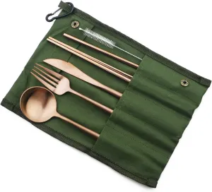 Eco-friendly Matte Finish Flatware Sets 7 Pieces Cutlery Set Knife Fork Spoon 18/10 Stainless Steel Rose Gold Portable Travel Utensil Set for Travel/Camping Office Lunch with Green Carry Case
