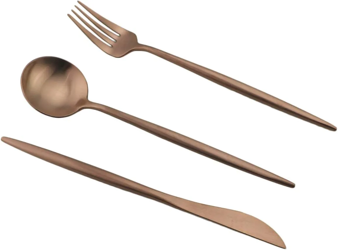 Eco-friendly Matte Finish Flatware Sets 7 Pieces Cutlery Set Knife Fork Spoon 18/10 Stainless Steel Rose Gold Portable Travel Utensil Set for Travel/Camping Office Lunch with Green Carry Case