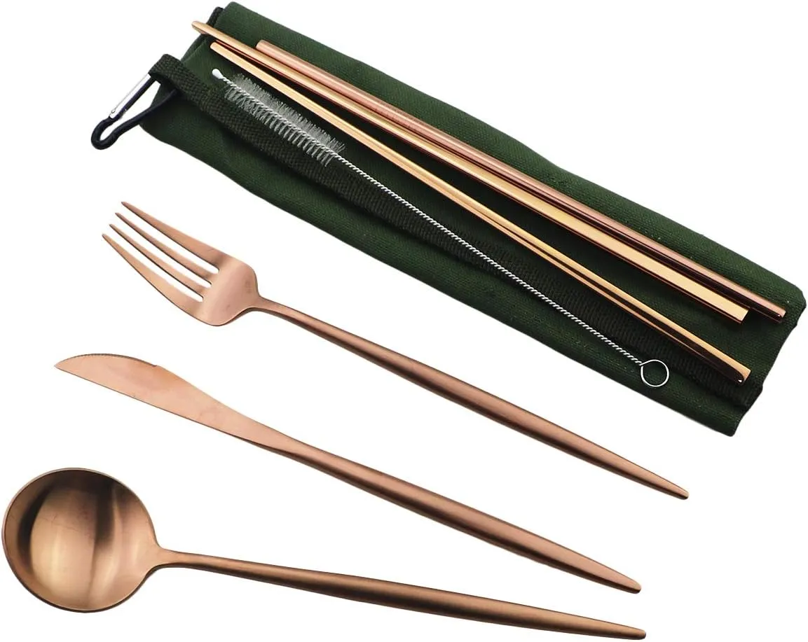 Eco-friendly Matte Finish Flatware Sets 7 Pieces Cutlery Set Knife Fork Spoon 18/10 Stainless Steel Rose Gold Portable Travel Utensil Set for Travel/Camping Office Lunch with Green Carry Case