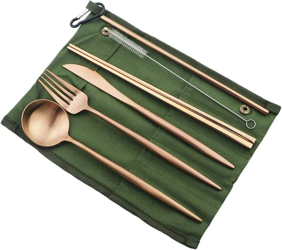 Eco-friendly Matte Finish Flatware Sets 7 Pieces Cutlery Set Knife Fork Spoon 18/10 Stainless Steel Rose Gold Portable Travel Utensil Set for Travel/Camping Office Lunch with Green Carry Case