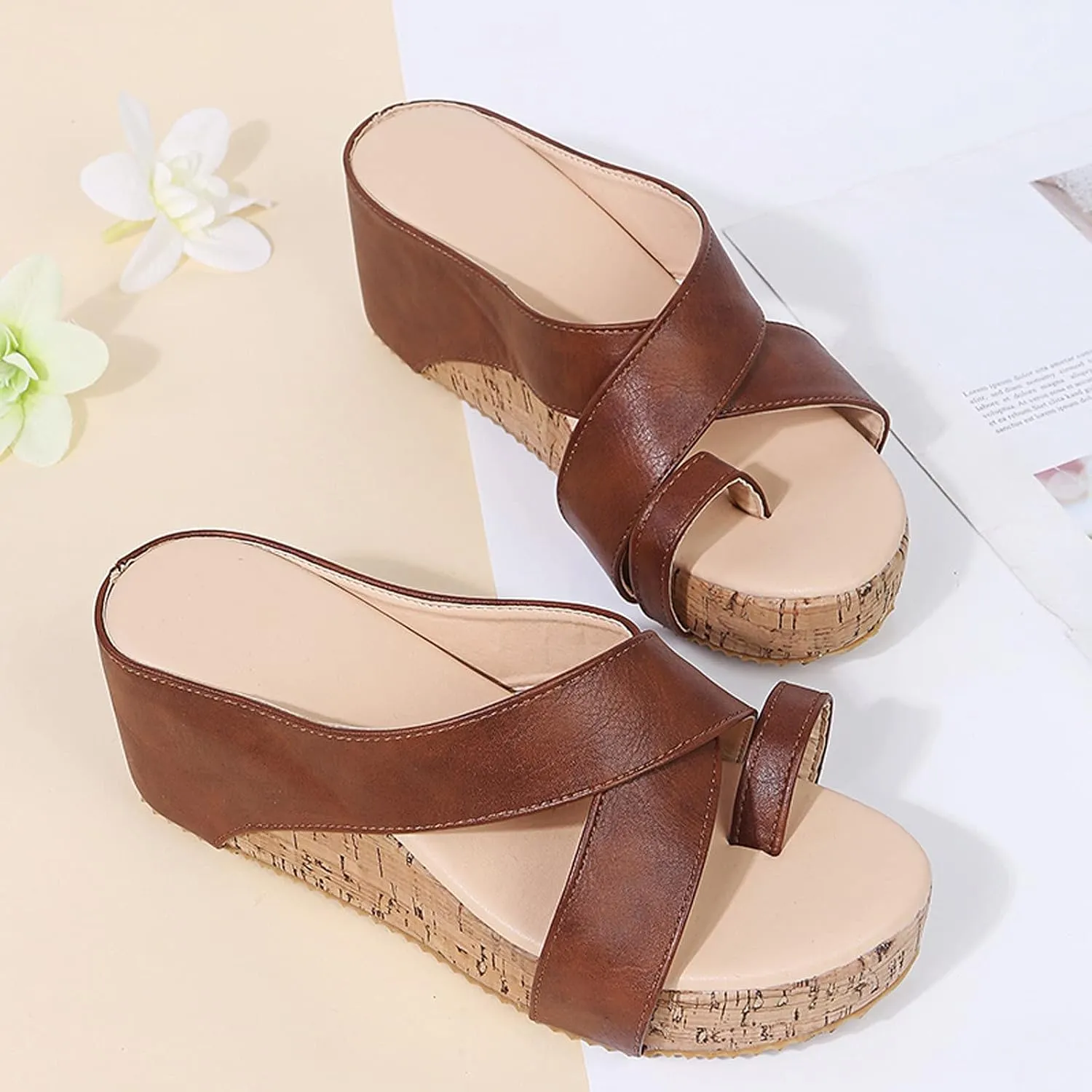 Eduavar Sandals for Women Dressy, Women's Sandals Dressy Summer Beach Sandals Lace Trim Ring Toe Floral Flat Sandals