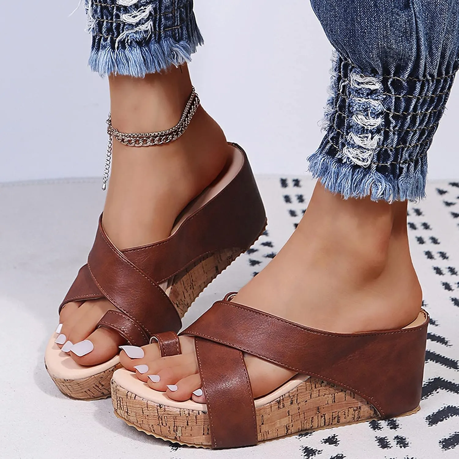 Eduavar Sandals for Women Dressy, Women's Sandals Dressy Summer Beach Sandals Lace Trim Ring Toe Floral Flat Sandals