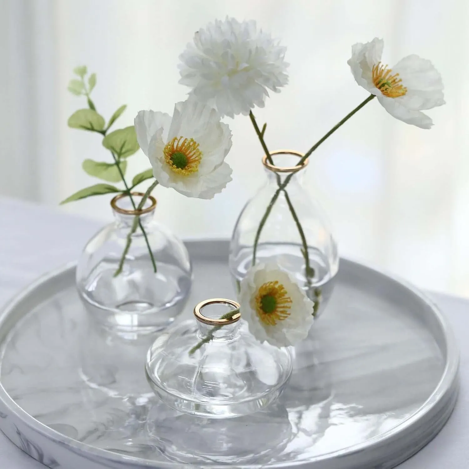Efavormart Set of 3 | Small Clear Glass Flower Bud Table Centerpieces with Metallic Gold Rim, Modern Floral Vases – Assorted Sizes