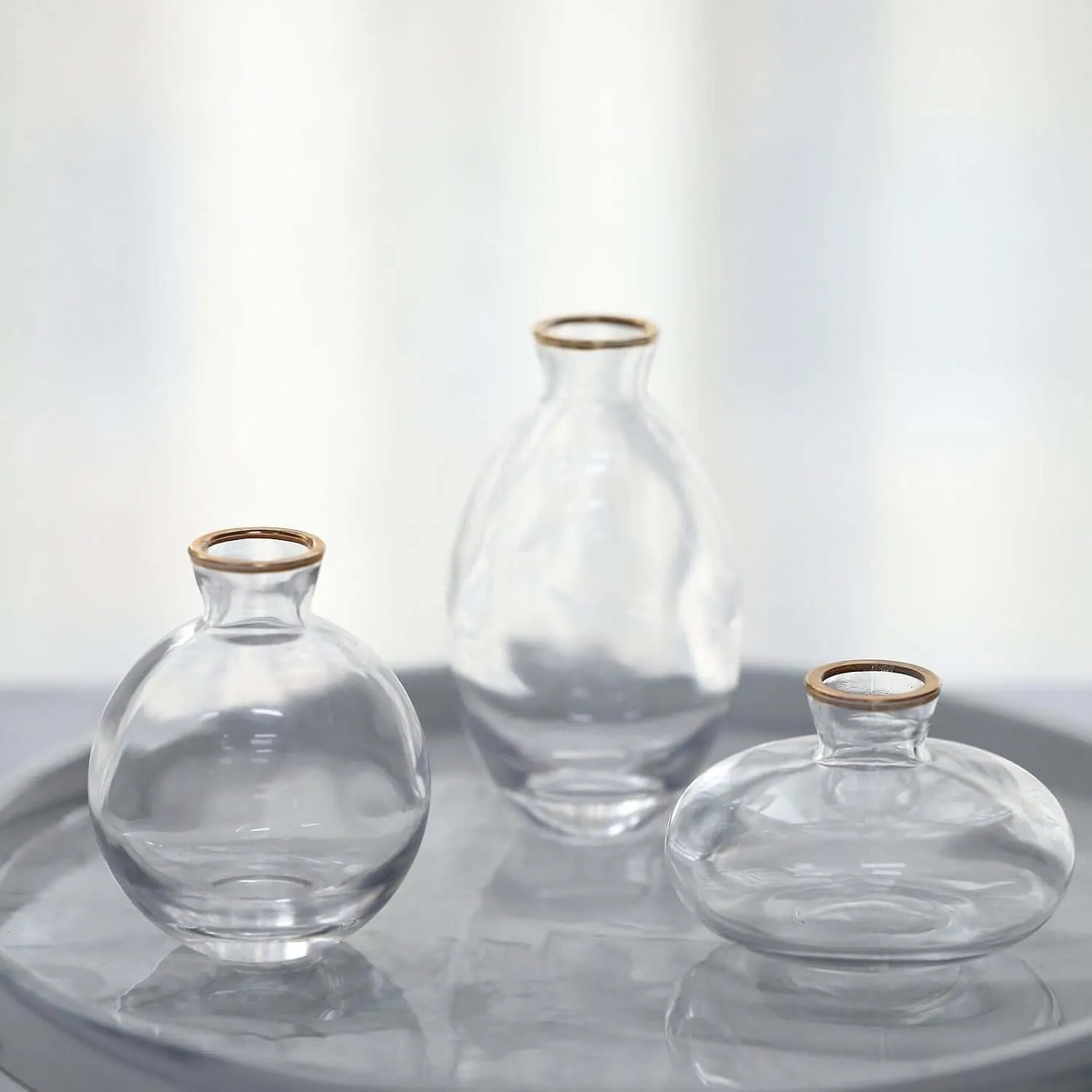 Efavormart Set of 3 | Small Clear Glass Flower Bud Table Centerpieces with Metallic Gold Rim, Modern Floral Vases – Assorted Sizes