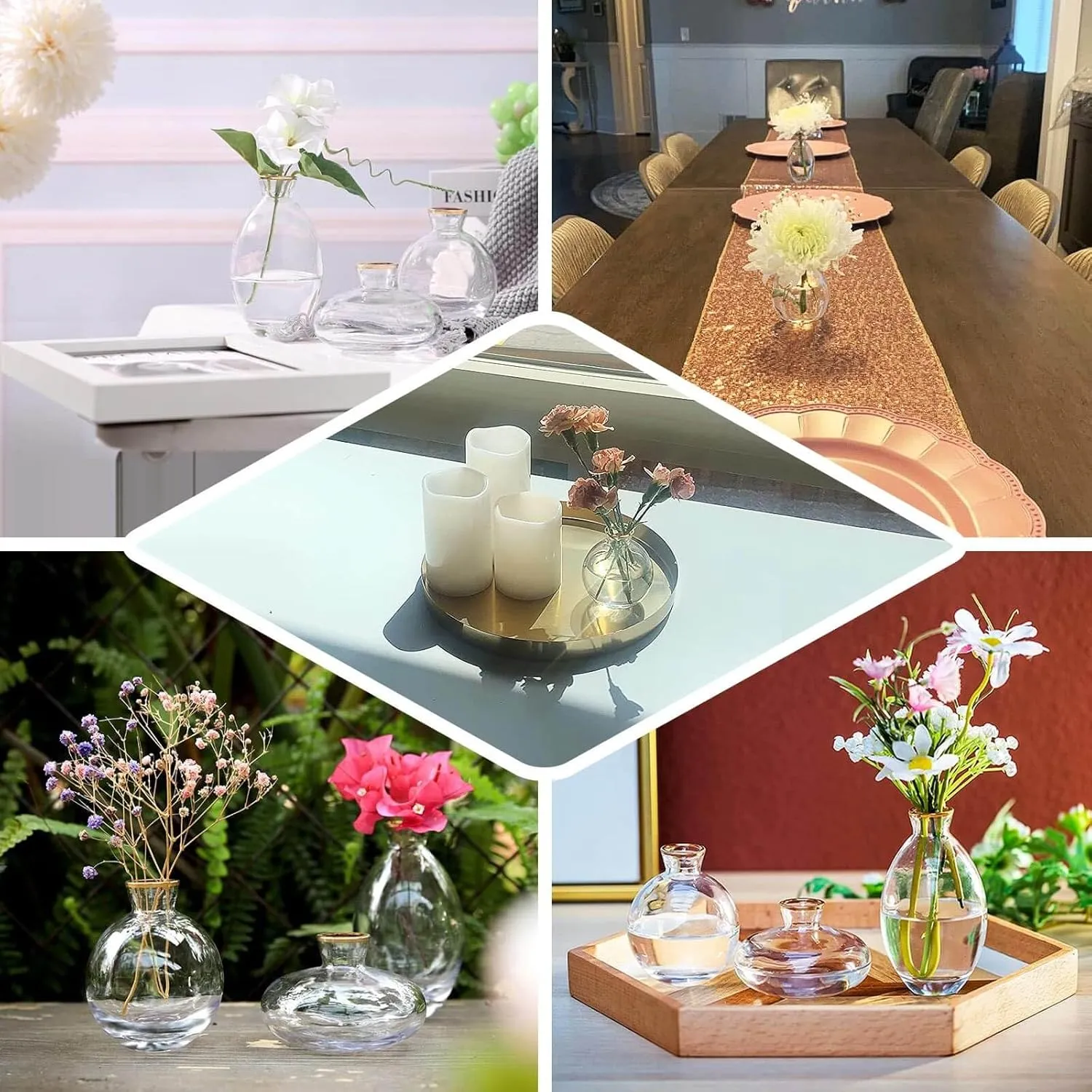Efavormart Set of 3 | Small Clear Glass Flower Bud Table Centerpieces with Metallic Gold Rim, Modern Floral Vases – Assorted Sizes