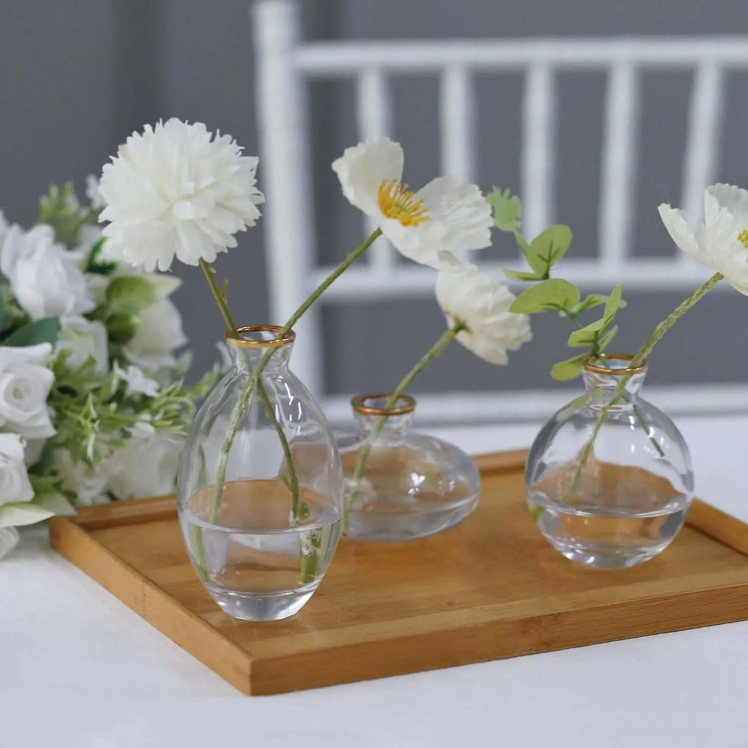 Efavormart Set of 3 | Small Clear Glass Flower Bud Table Centerpieces with Metallic Gold Rim, Modern Floral Vases – Assorted Sizes