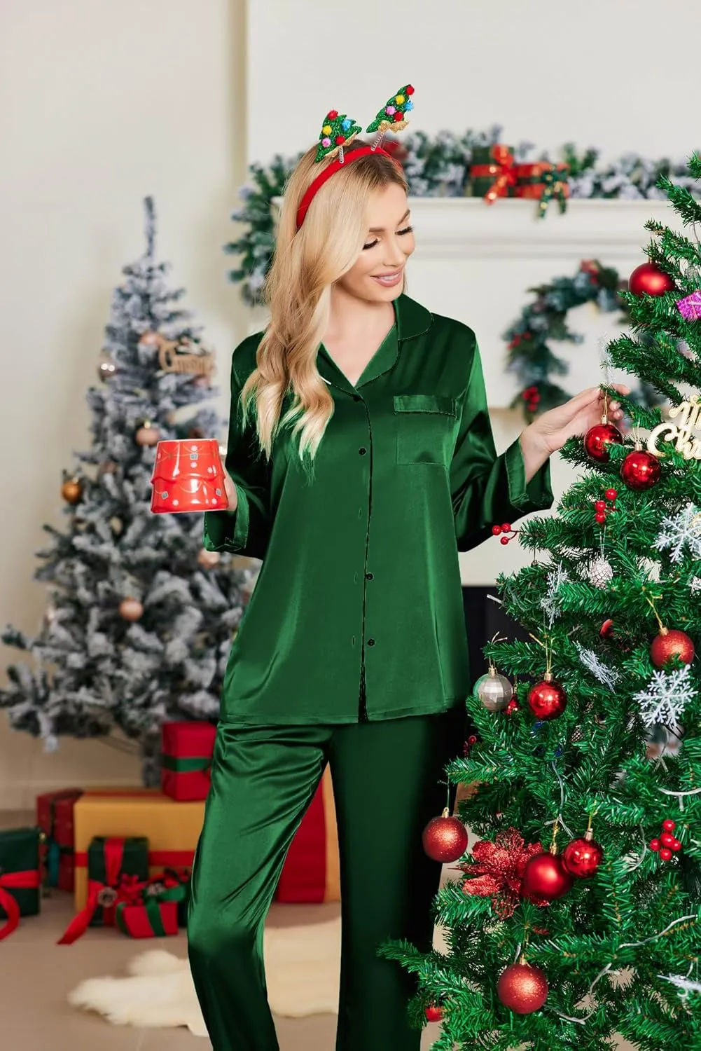 Ekouaer Silk Satin Pajamas Women's Long Sleeve Pj Set Soft Button Down 2 Piece Sleepwear Loungewear S-XXL