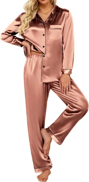 Ekouaer Silk Satin Pajamas Women's Long Sleeve Pj Set Soft Button Down 2 Piece Sleepwear Loungewear S-XXL