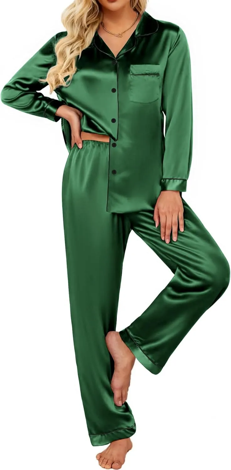 Ekouaer Silk Satin Pajamas Women's Long Sleeve Pj Set Soft Button Down 2 Piece Sleepwear Loungewear S-XXL