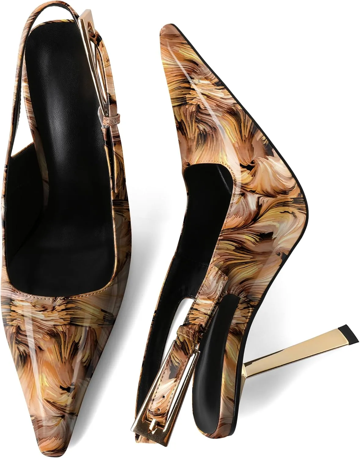 Eldof Slingback Heels for Women Metallic Buckle Square Toe Slip On Gold Stilettos High Heel Pumps Shoes Dressy 4 Inches