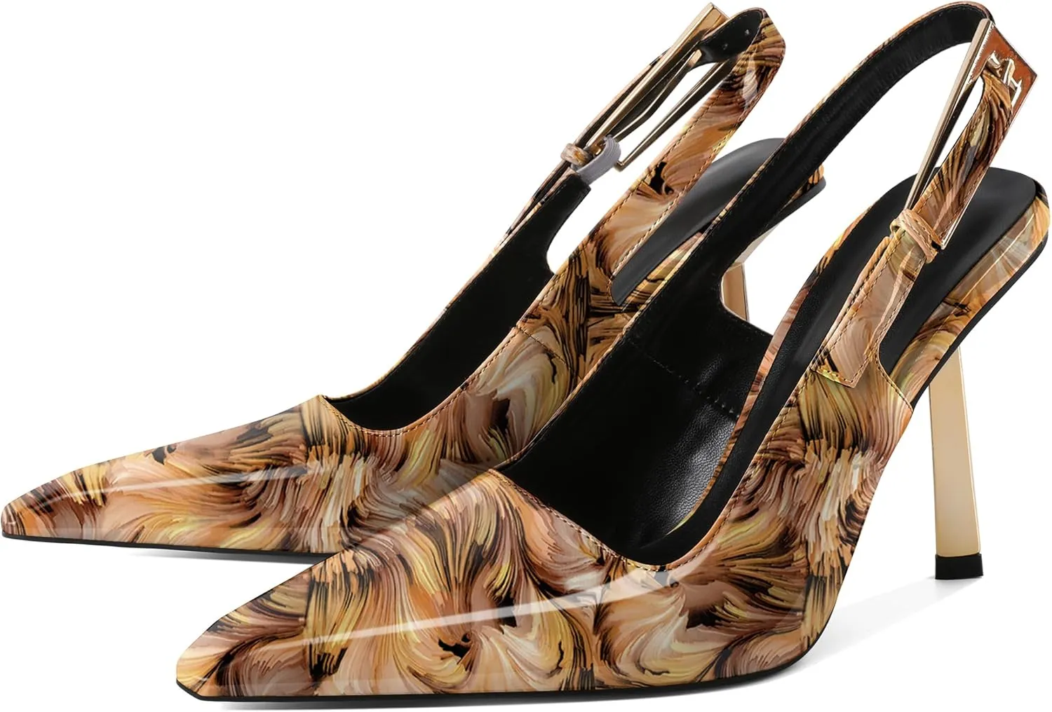 Eldof Slingback Heels for Women Metallic Buckle Square Toe Slip On Gold Stilettos High Heel Pumps Shoes Dressy 4 Inches
