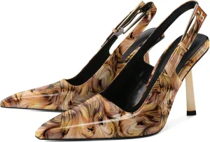 Eldof Slingback Heels for Women Metallic Buckle Square Toe Slip On Gold Stilettos High Heel Pumps Shoes Dressy 4 Inches