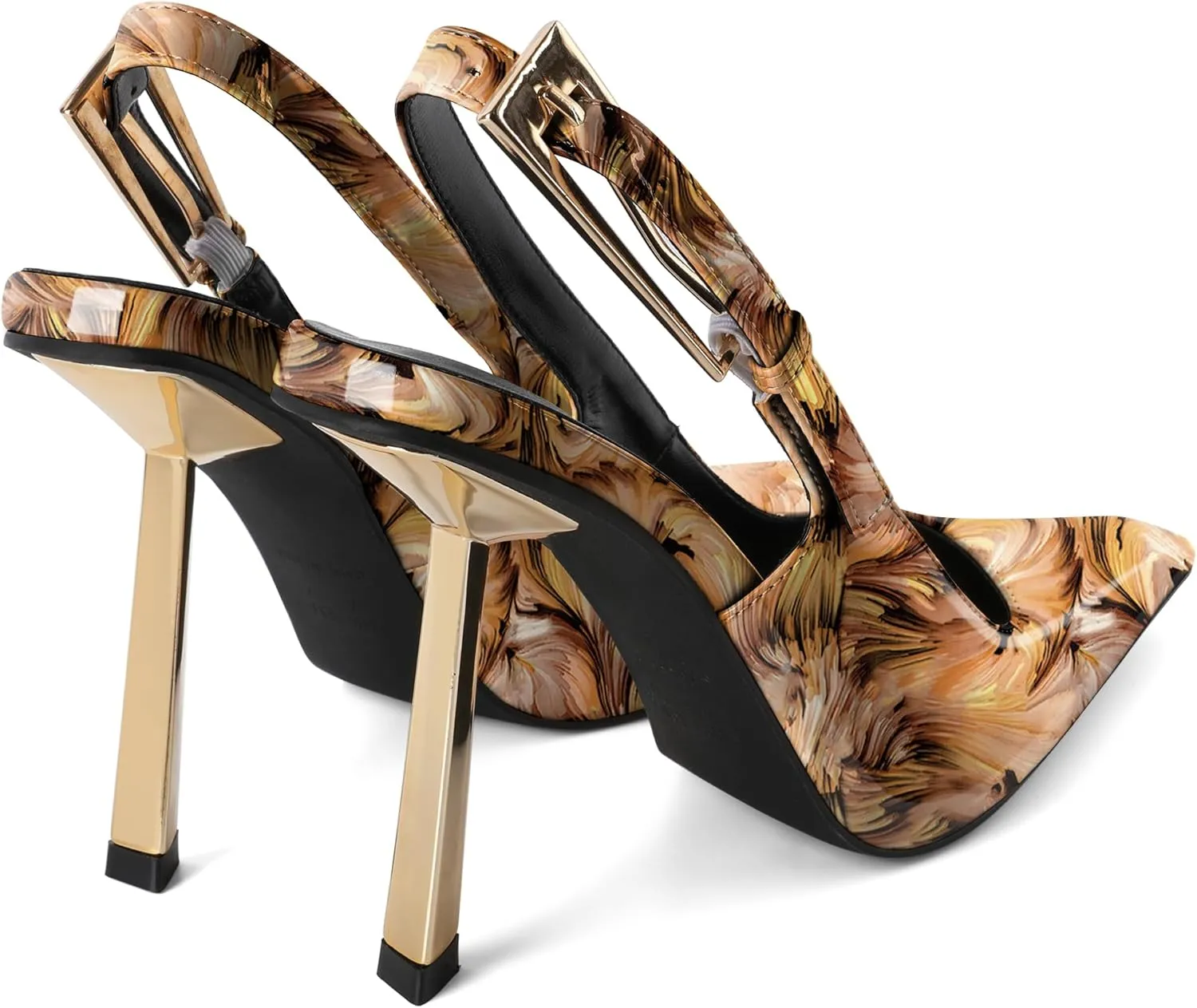 Eldof Slingback Heels for Women Metallic Buckle Square Toe Slip On Gold Stilettos High Heel Pumps Shoes Dressy 4 Inches