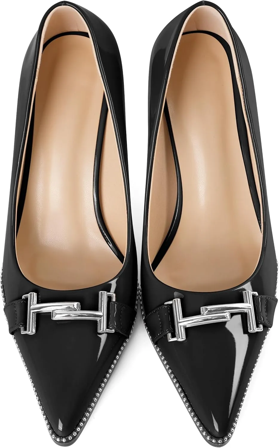 Eldof Women's High Heel Pumps Pointed Toe Slip On Metallic Buckle Stiletto Heels Studed Beaded Pumps Shoes Women 3.5 Inches
