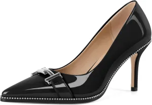 Eldof Women's High Heel Pumps Pointed Toe Slip On Metallic Buckle Stiletto Heels Studed Beaded Pumps Shoes Women 3.5 Inches