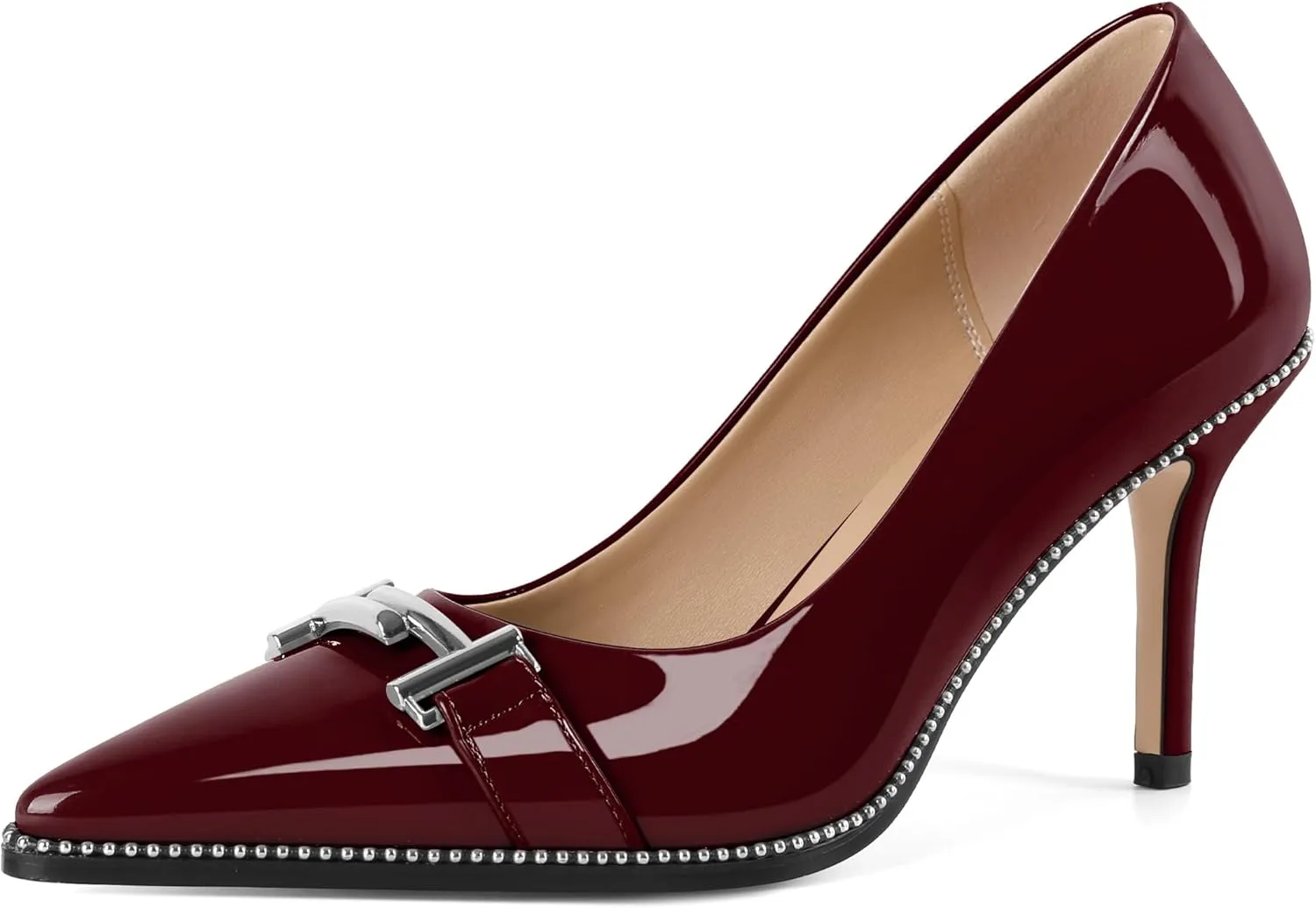 Eldof Women's High Heel Pumps Pointed Toe Slip On Metallic Buckle Stiletto Heels Studed Beaded Pumps Shoes Women 3.5 Inches
