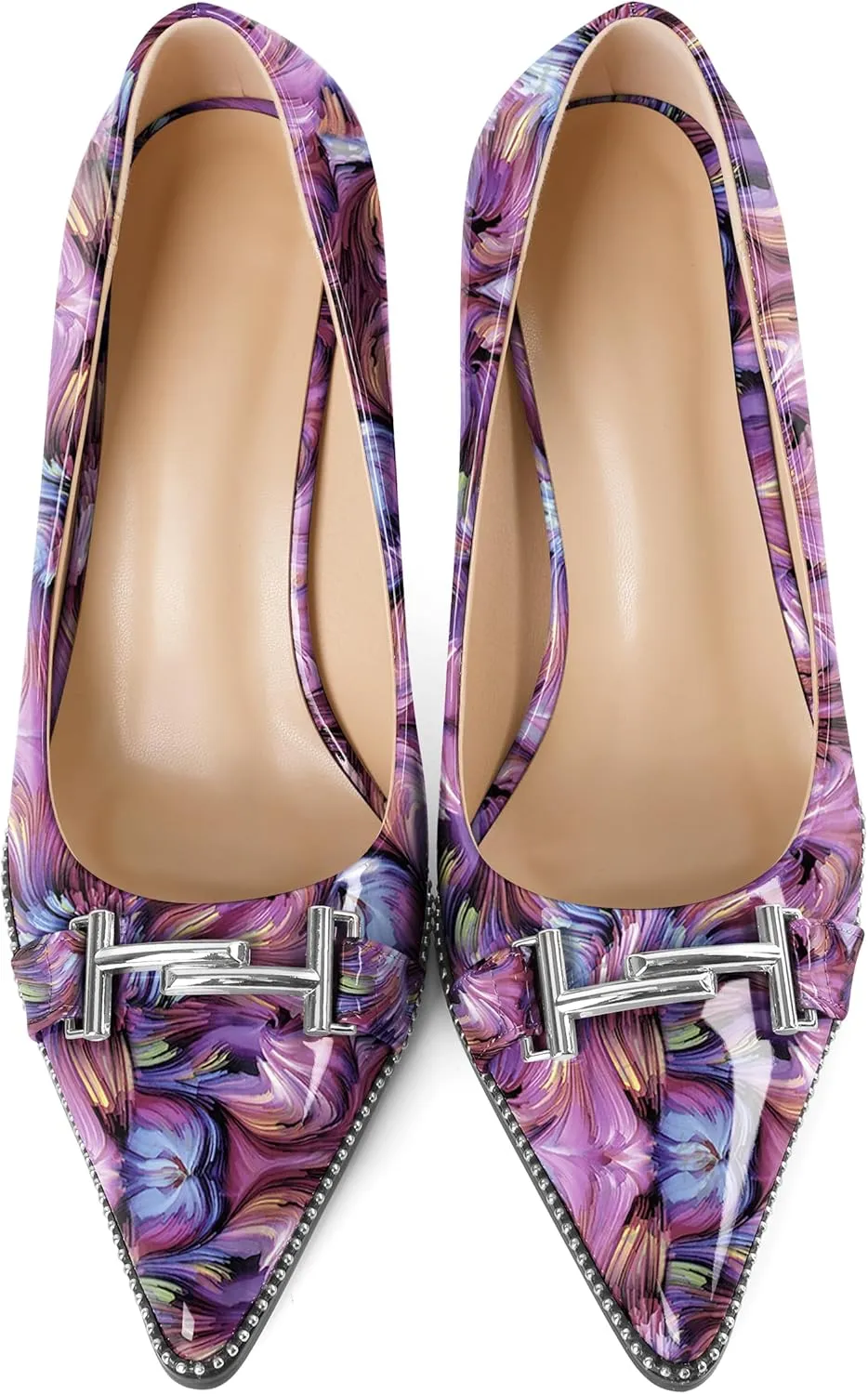 Eldof Women's High Heel Pumps Pointed Toe Slip On Metallic Buckle Stiletto Heels Studed Beaded Pumps Shoes Women 3.5 Inches