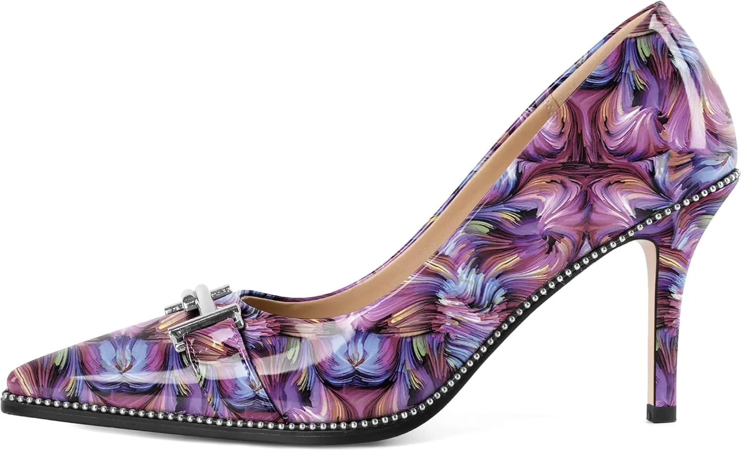 Eldof Women's High Heel Pumps Pointed Toe Slip On Metallic Buckle Stiletto Heels Studed Beaded Pumps Shoes Women 3.5 Inches