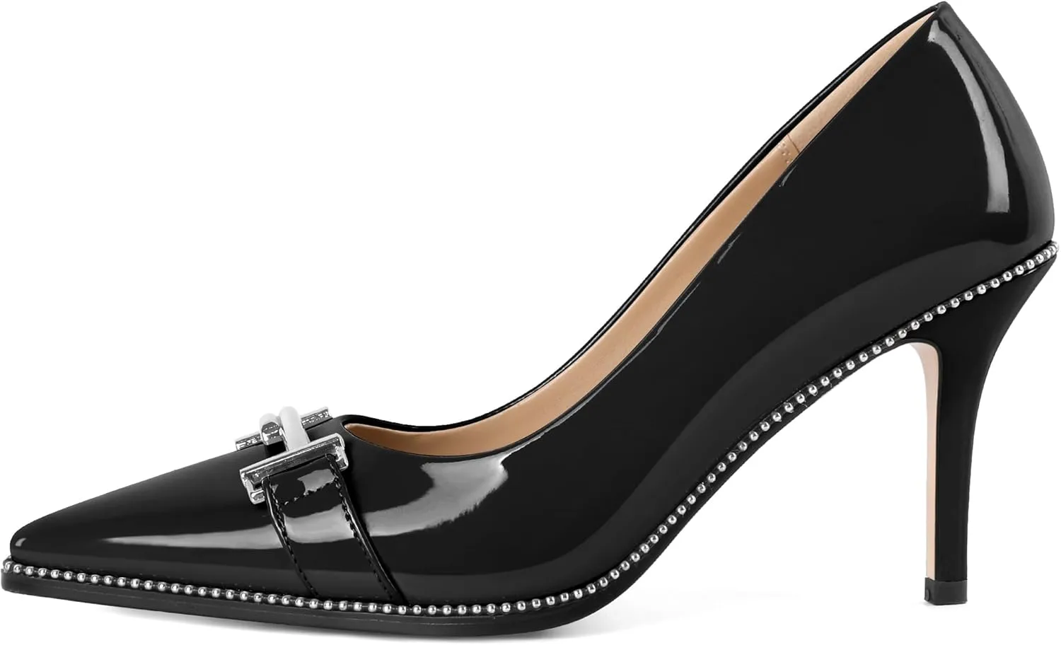 Eldof Women's High Heel Pumps Pointed Toe Slip On Metallic Buckle Stiletto Heels Studed Beaded Pumps Shoes Women 3.5 Inches