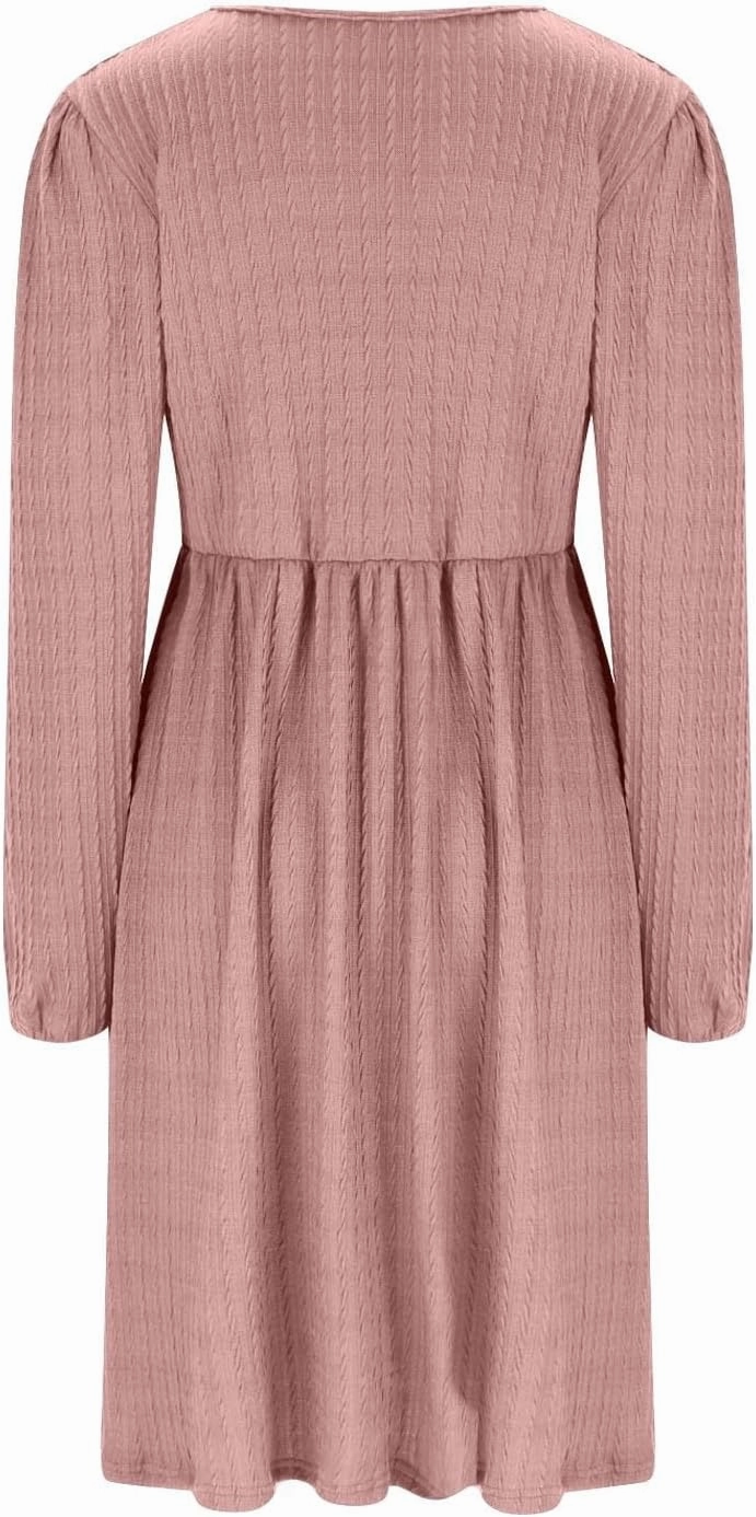 Elegant Dresses for Women Long Sleeve Crewneck Causal Empire Waist Ruffle Dress with Pockets Fashion Work Midi Dress