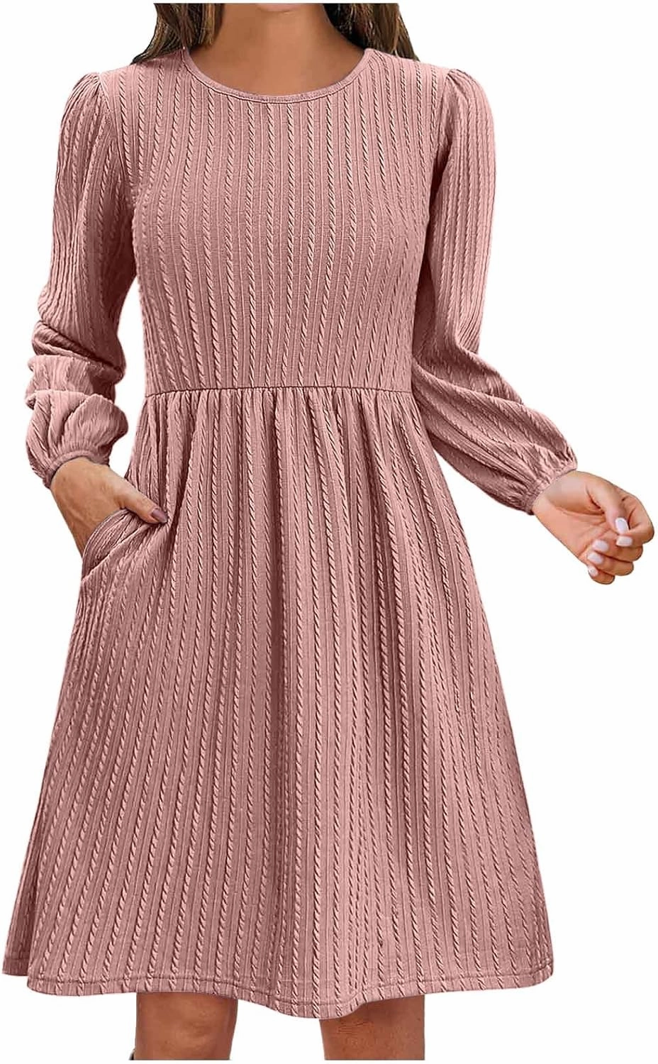 Elegant Dresses for Women Long Sleeve Crewneck Causal Empire Waist Ruffle Dress with Pockets Fashion Work Midi Dress