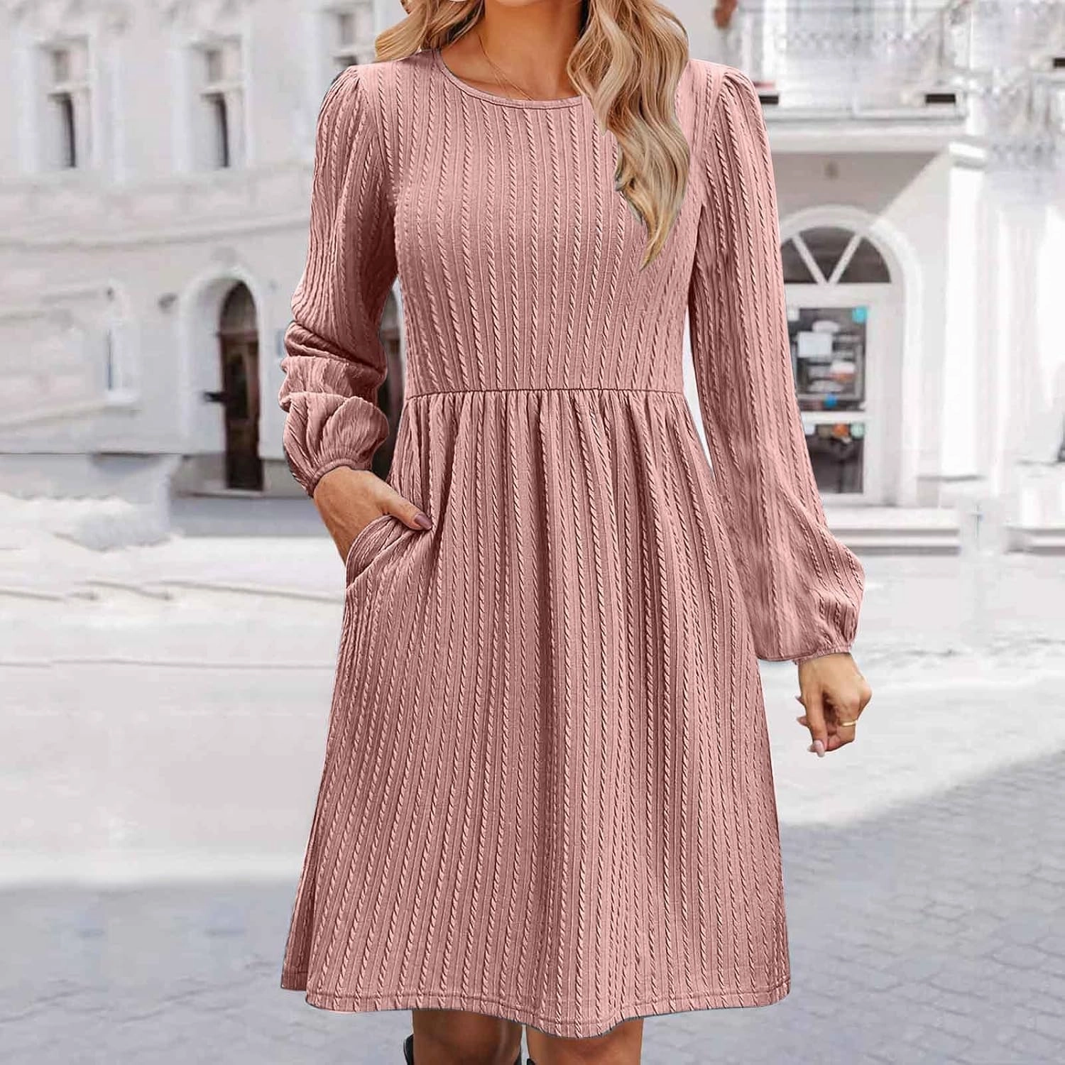 Elegant Dresses for Women Long Sleeve Crewneck Causal Empire Waist Ruffle Dress with Pockets Fashion Work Midi Dress