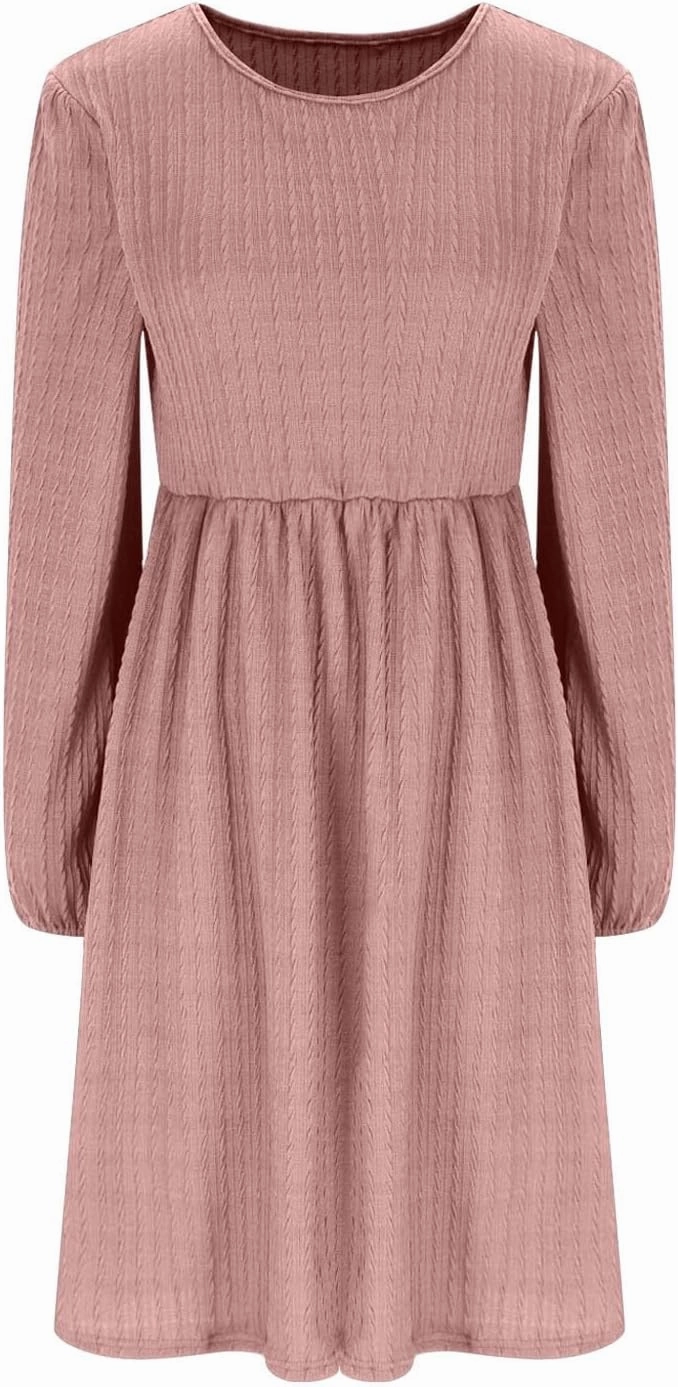 Elegant Dresses for Women Long Sleeve Crewneck Causal Empire Waist Ruffle Dress with Pockets Fashion Work Midi Dress