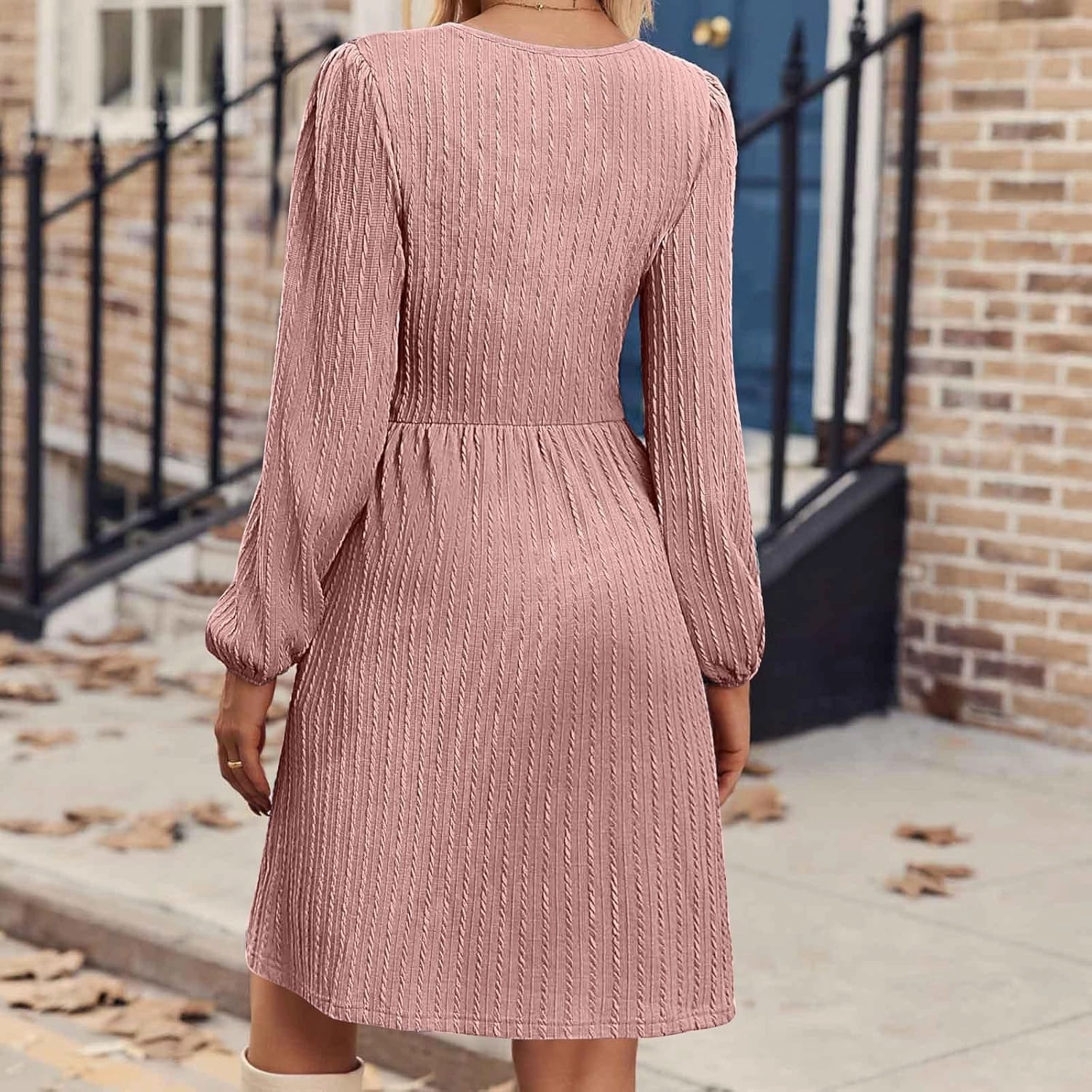 Elegant Dresses for Women Long Sleeve Crewneck Causal Empire Waist Ruffle Dress with Pockets Fashion Work Midi Dress
