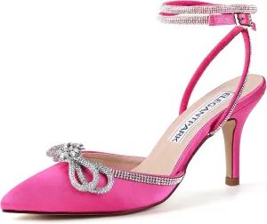 ELEGANTPARK Heels for Women Pointed Closed Toe Shoes Sexy Ankle Strap Rhinestones Bow High Heel Pumps Satin Wedding Evening Prom Dress Shoes