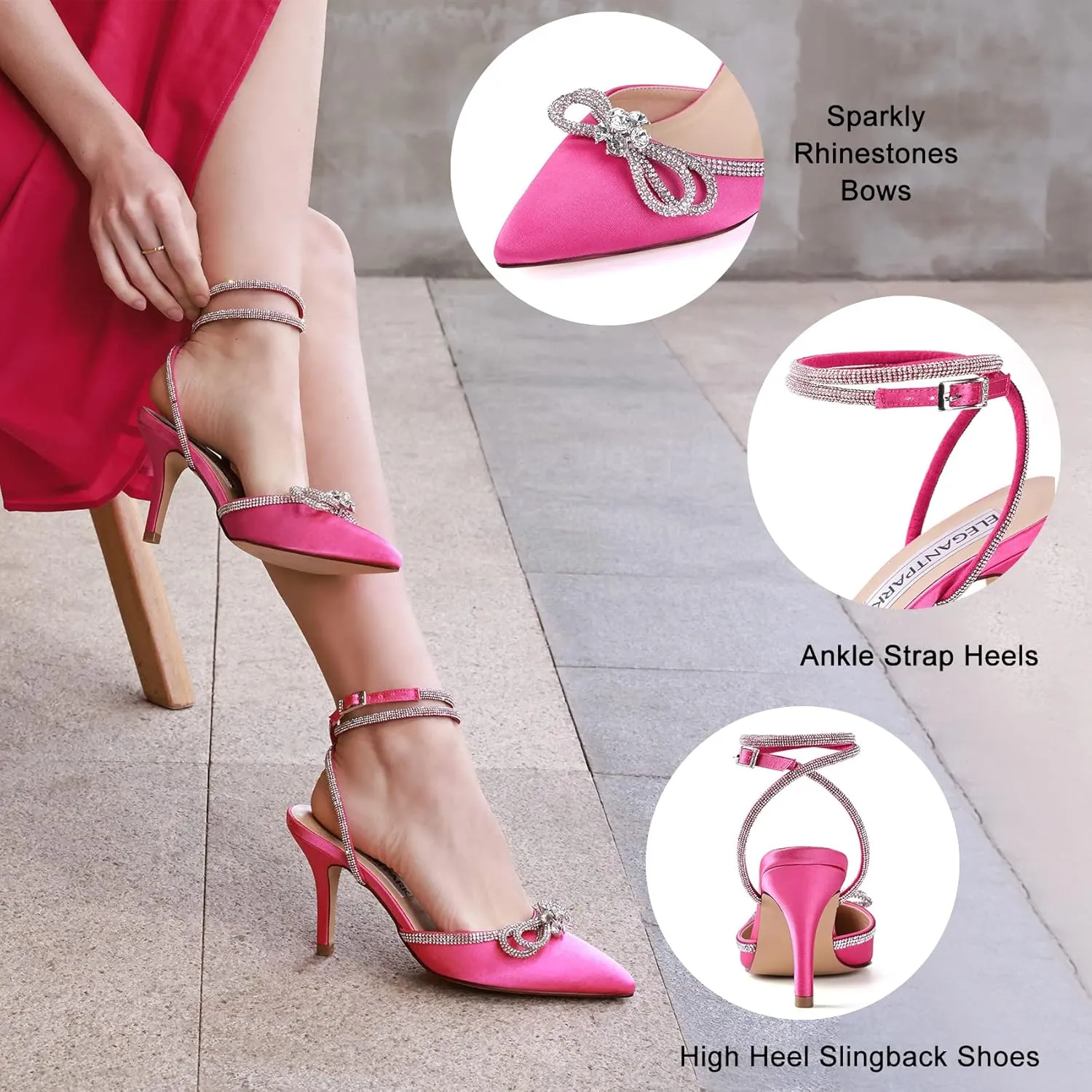 ELEGANTPARK Heels for Women Pointed Closed Toe Shoes Sexy Ankle Strap Rhinestones Bow High Heel Pumps Satin Wedding Evening Prom Dress Shoes