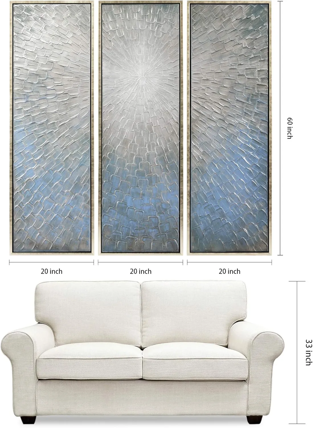 Empire Art Direct Abstract Wall Art Textured Hand Painted Canvas by Martin Edwards, Triptych, 60" x 20" each, Silver Ice