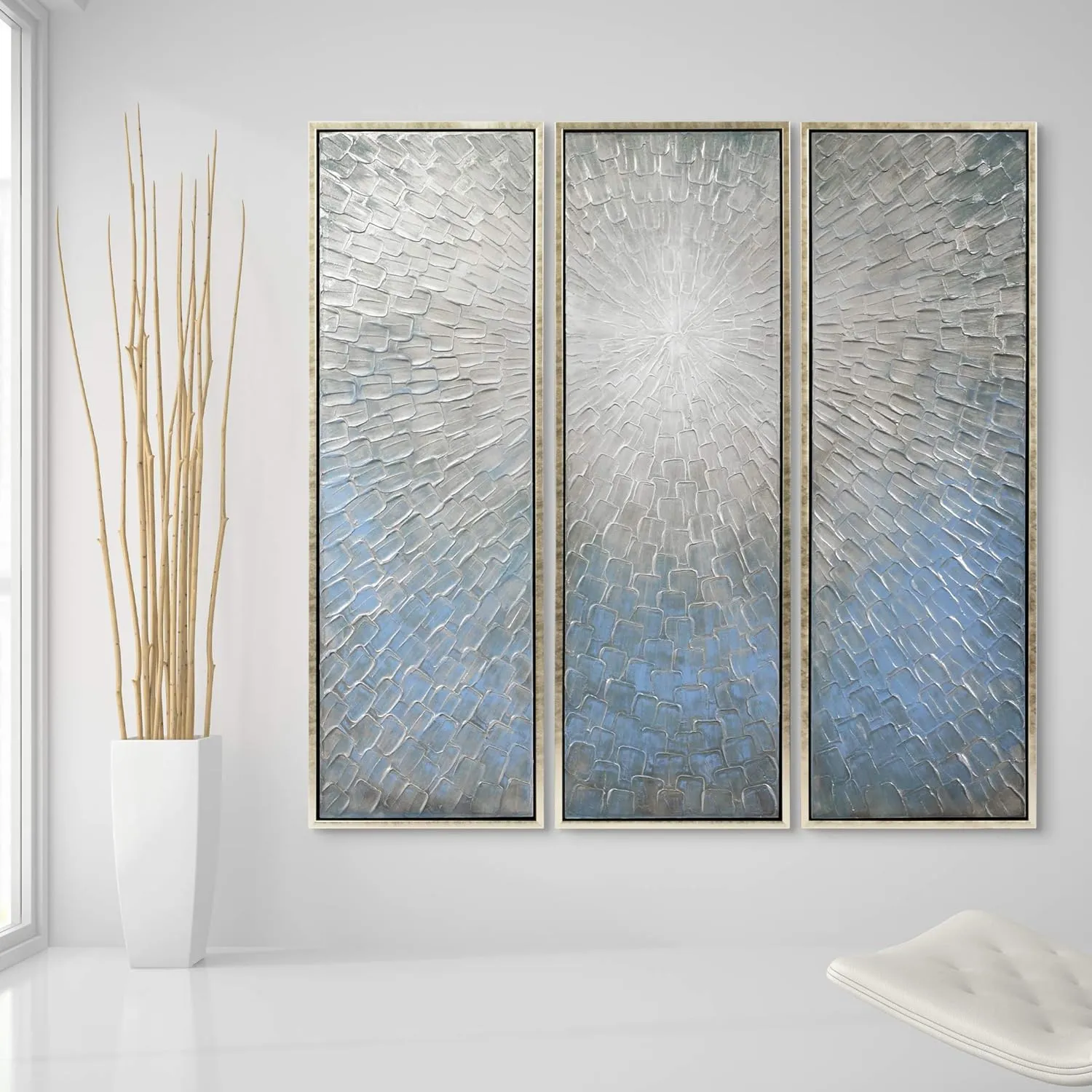 Empire Art Direct Abstract Wall Art Textured Hand Painted Canvas by Martin Edwards, Triptych, 60" x 20" each, Silver Ice
