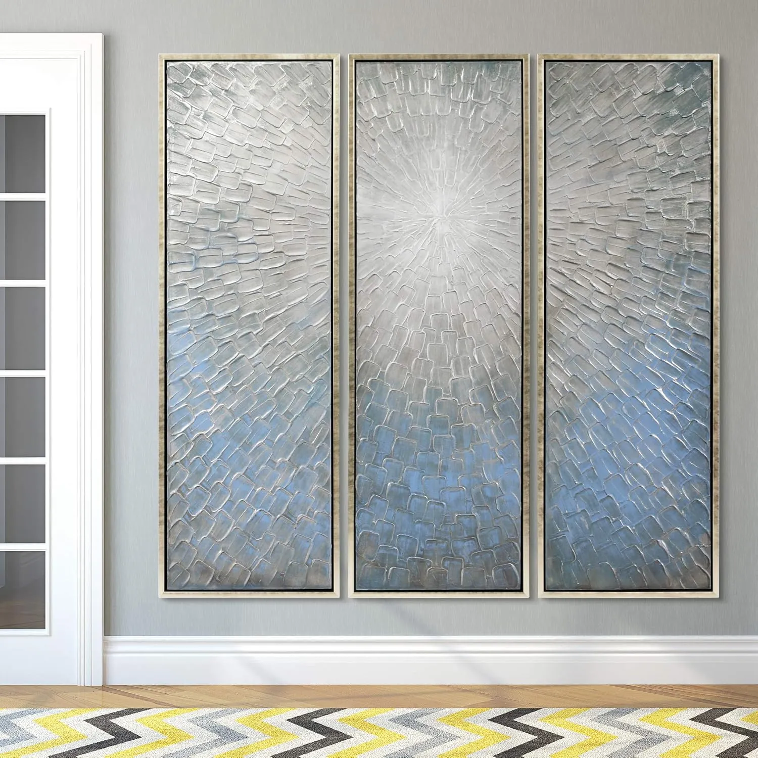 Empire Art Direct Abstract Wall Art Textured Hand Painted Canvas by Martin Edwards, Triptych, 60" x 20" each, Silver Ice