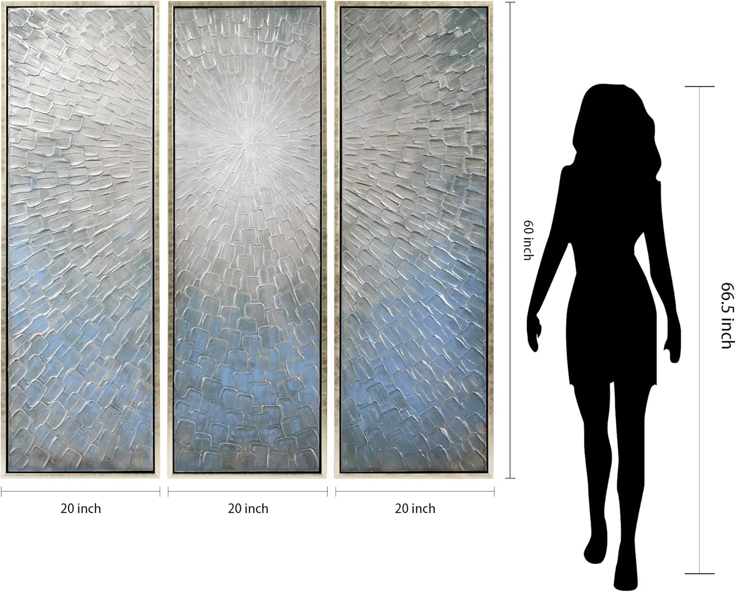 Empire Art Direct Abstract Wall Art Textured Hand Painted Canvas by Martin Edwards, Triptych, 60" x 20" each, Silver Ice