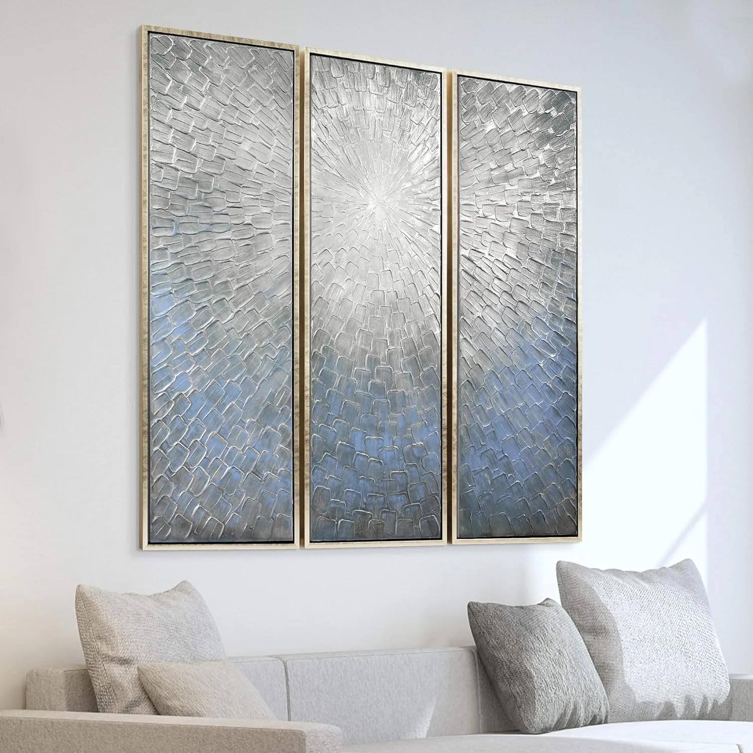 Empire Art Direct Abstract Wall Art Textured Hand Painted Canvas by Martin Edwards, Triptych, 60" x 20" each, Silver Ice