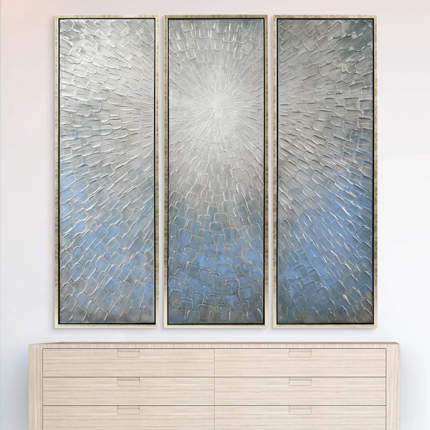Empire Art Direct Abstract Wall Art Textured Hand Painted Canvas by Martin Edwards, Triptych, 60" x 20" each, Silver Ice
