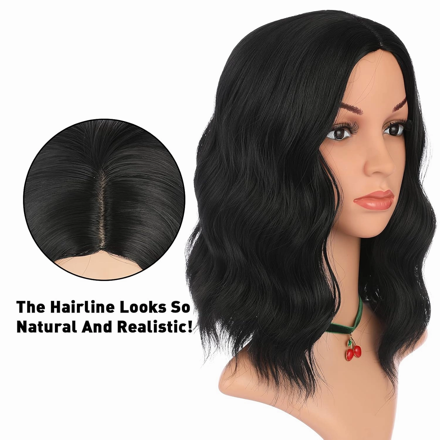 eNilecor Black Wig - Short Curly Wavy Bob Wigs for Black Women, Natural Middle Part, No Bangs, Synthetic, Shoulder Length, Heat Resistant, Cosplay Party Costume, 14 Inch
