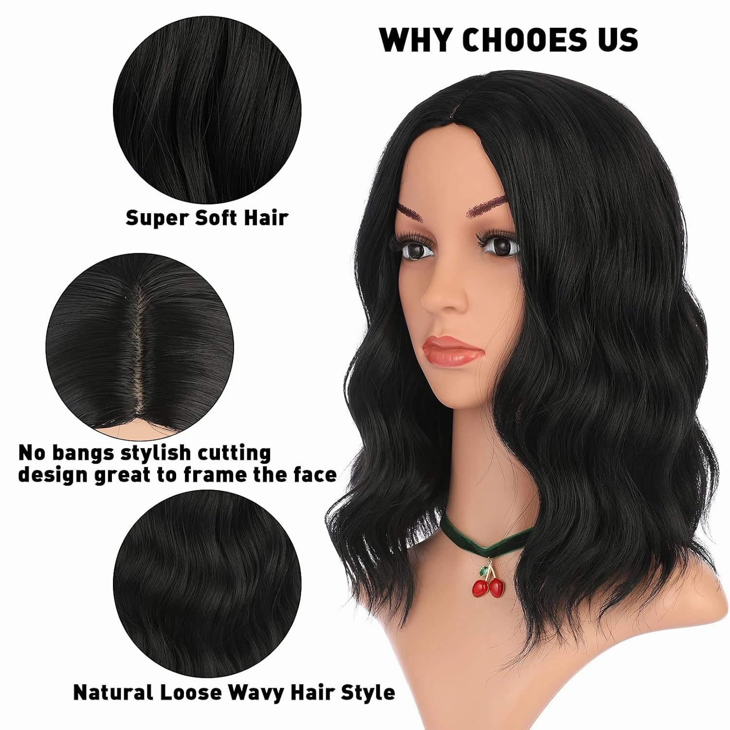 eNilecor Black Wig - Short Curly Wavy Bob Wigs for Black Women, Natural Middle Part, No Bangs, Synthetic, Shoulder Length, Heat Resistant, Cosplay Party Costume, 14 Inch