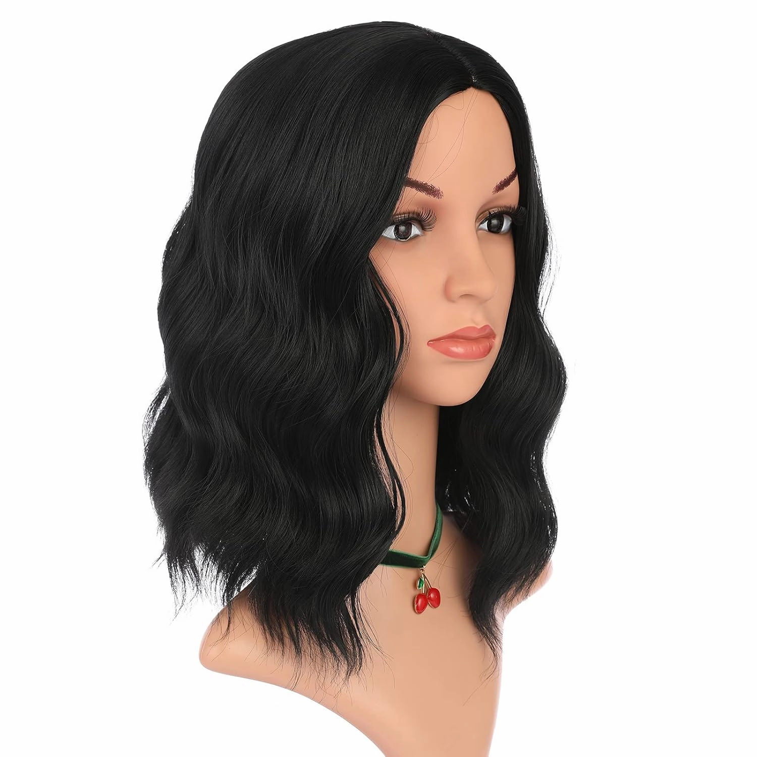 eNilecor Black Wig - Short Curly Wavy Bob Wigs for Black Women, Natural Middle Part, No Bangs, Synthetic, Shoulder Length, Heat Resistant, Cosplay Party Costume, 14 Inch