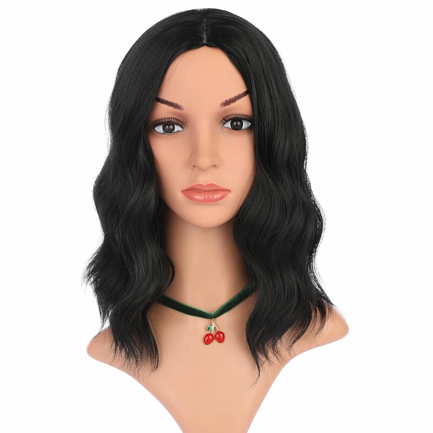 eNilecor Black Wig - Short Curly Wavy Bob Wigs for Black Women, Natural Middle Part, No Bangs, Synthetic, Shoulder Length, Heat Resistant, Cosplay Party Costume, 14 Inch