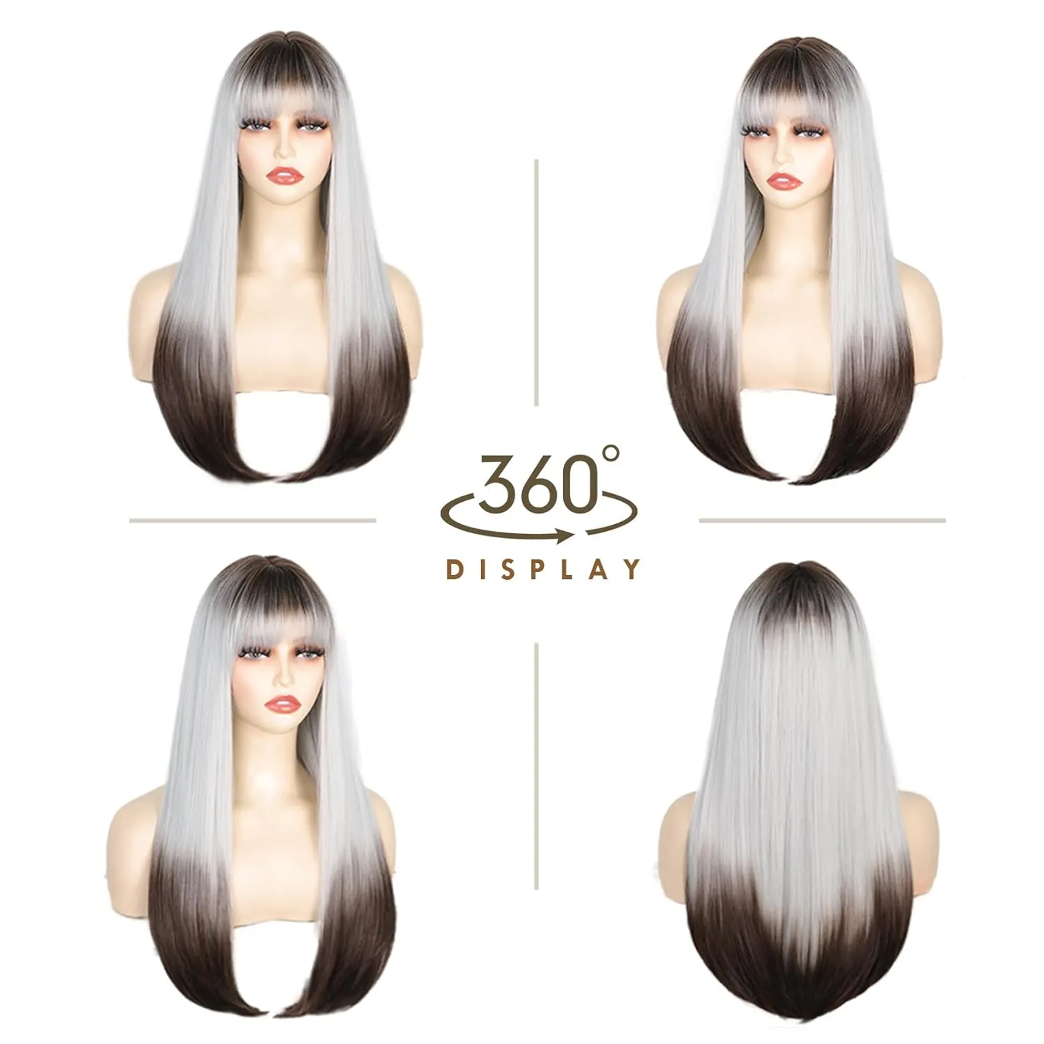 ENTRANCED STYLES Ombre Sliver Grey Wigs with Bangs Black Gray Wig for Women Long Straight Hair Wig for Beginner Synthetic Cosplay Hair for Party Daily Use 22 inch