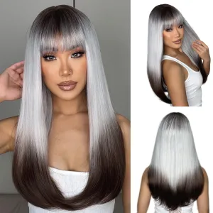 ENTRANCED STYLES Ombre Sliver Grey Wigs with Bangs Black Gray Wig for Women Long Straight Hair Wig for Beginner Synthetic Cosplay Hair for Party Daily Use 22 inch