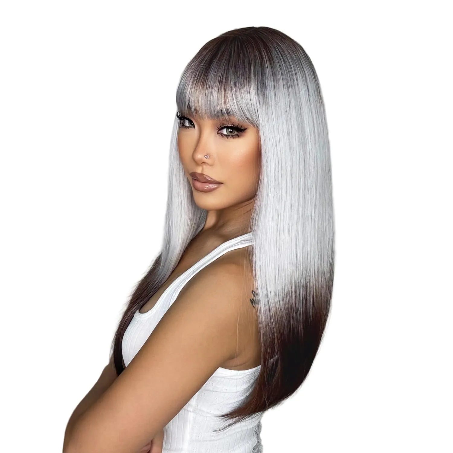 ENTRANCED STYLES Ombre Sliver Grey Wigs with Bangs Black Gray Wig for Women Long Straight Hair Wig for Beginner Synthetic Cosplay Hair for Party Daily Use 22 inch