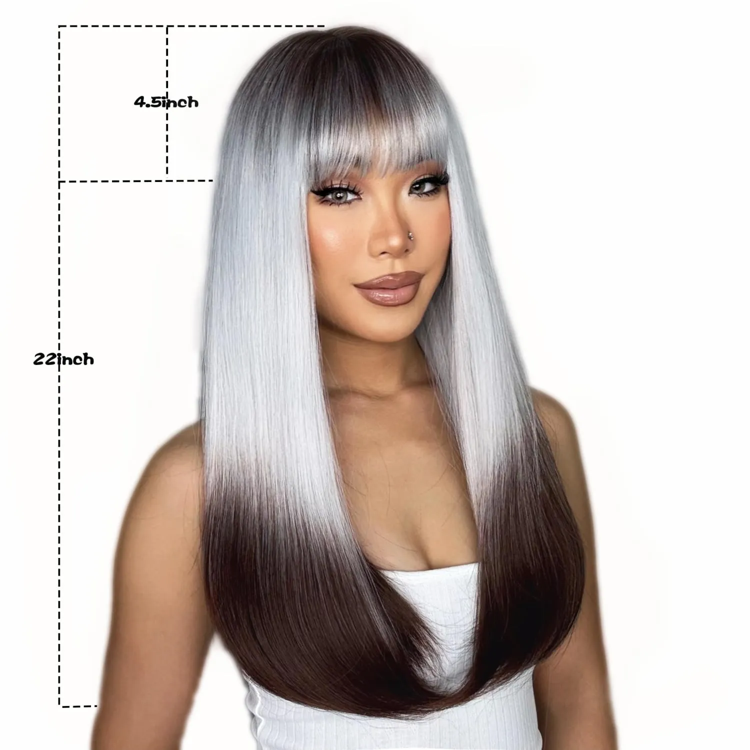 ENTRANCED STYLES Ombre Sliver Grey Wigs with Bangs Black Gray Wig for Women Long Straight Hair Wig for Beginner Synthetic Cosplay Hair for Party Daily Use 22 inch