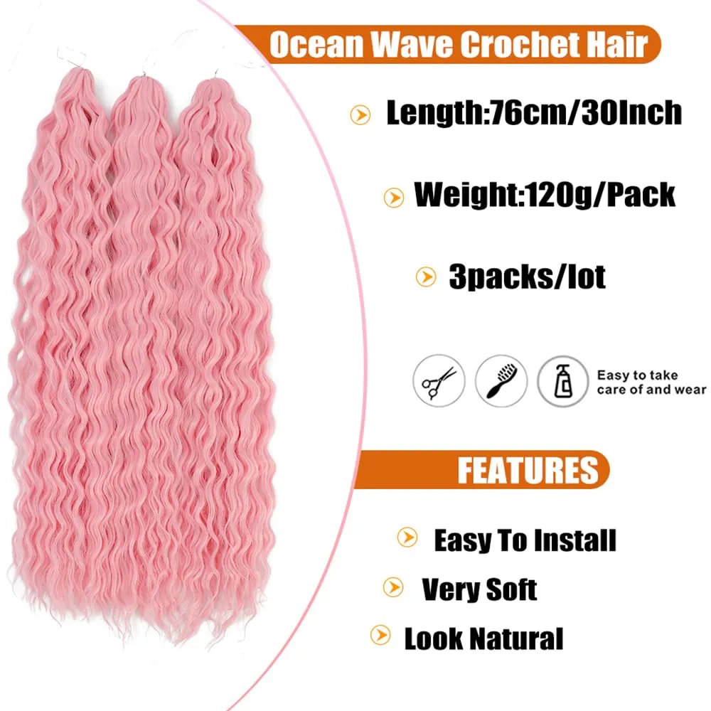 Felek Ocean Wave Crochet Braiding Hair 30inch 3 Packs Pink Color Long Water Wave Wavy Deep Curly Crochet Braids Hair For Fashion Women (Pink)