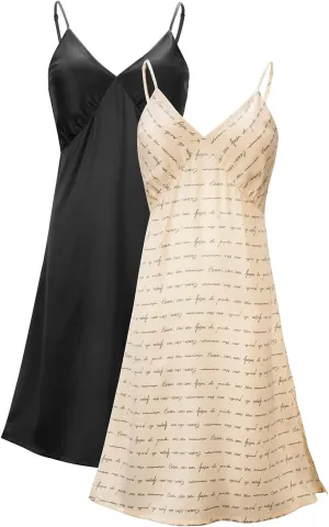 Femofit Satin Nightgowns for Women Two Packs Nightgown Sexy Chemise Silk nightie Nightie Cami Lounger Dress Full Slip