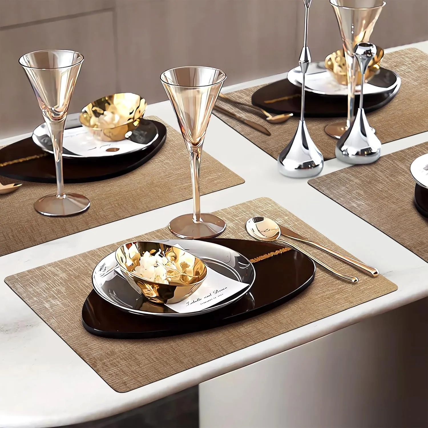 FGSAEOR Faux Leather Vinyl Placemats Set of 4,12 X 17 Inch - Waterproof Wipeable Brilliance PU Place Mats for Indoor & Outdoor, Heat Resistant Table Mats for Kitchen/Dining/Party - Champagne Gold