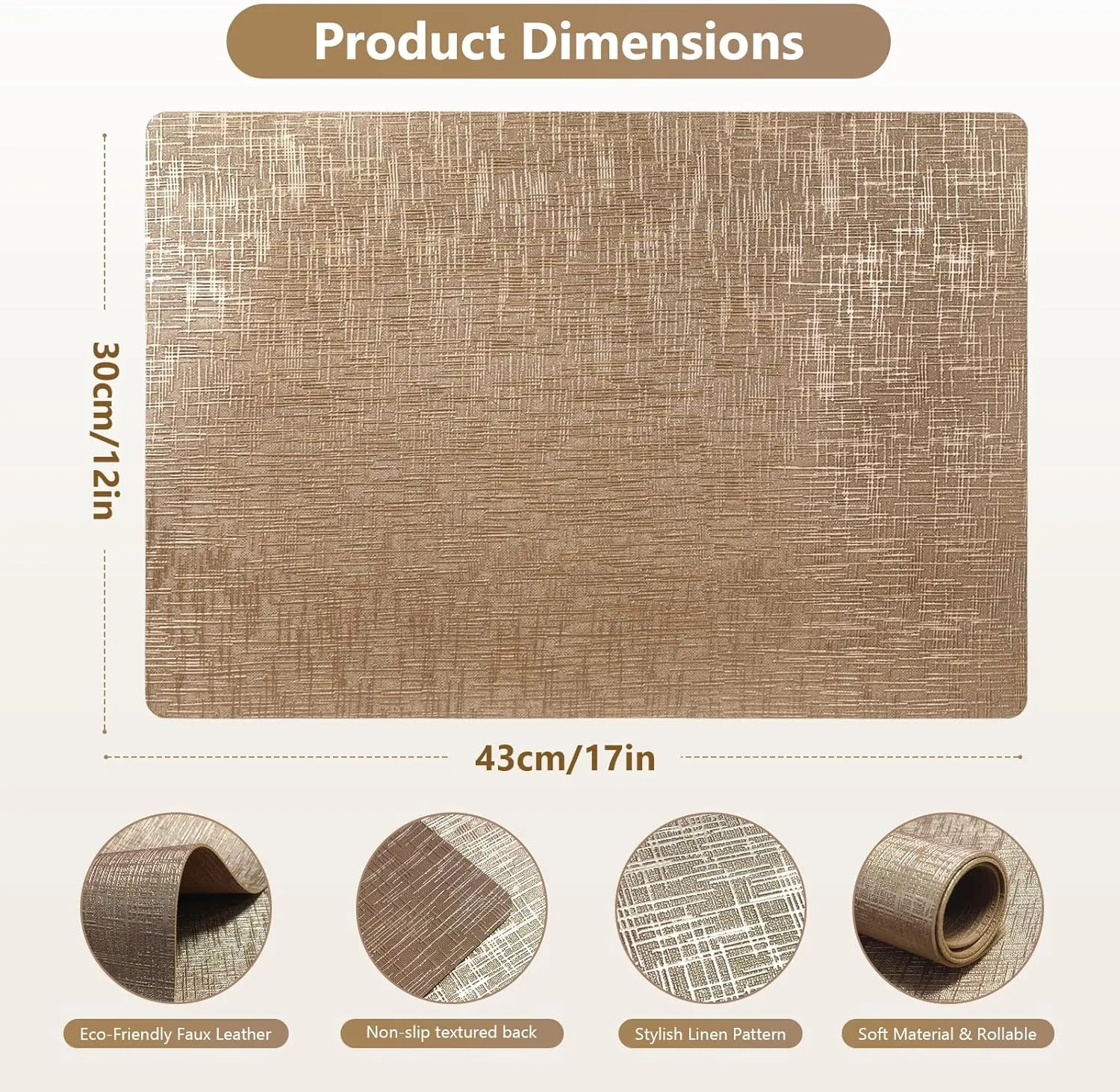 FGSAEOR Faux Leather Vinyl Placemats Set of 4,12 X 17 Inch - Waterproof Wipeable Brilliance PU Place Mats for Indoor & Outdoor, Heat Resistant Table Mats for Kitchen/Dining/Party - Champagne Gold